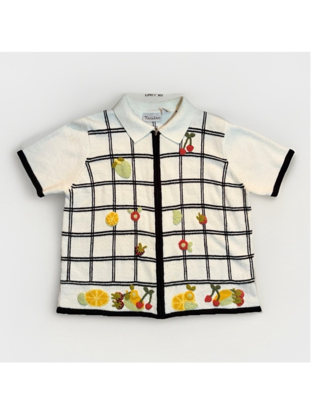 Adorable Vintage Fruit Appliqué Short Sleeve Zip Cardigan - Size Large